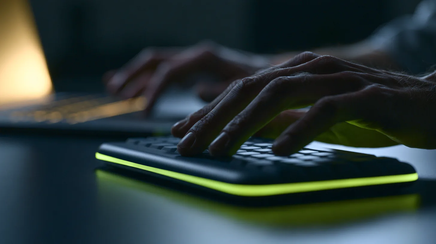 Hands interacting with a device in a luminous, human-centered health innovation setting