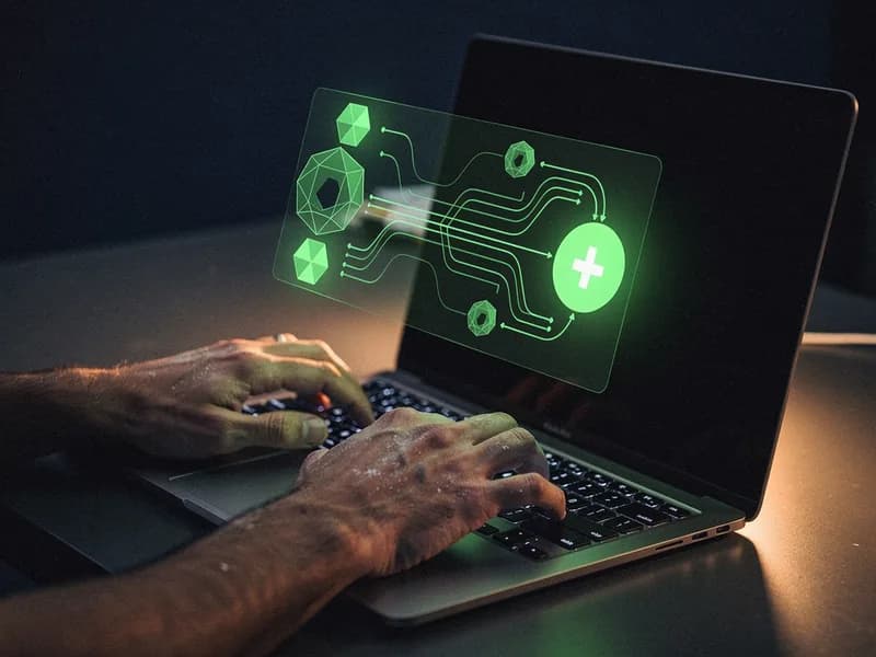 Builder hands using AI-assisted development on a laptop